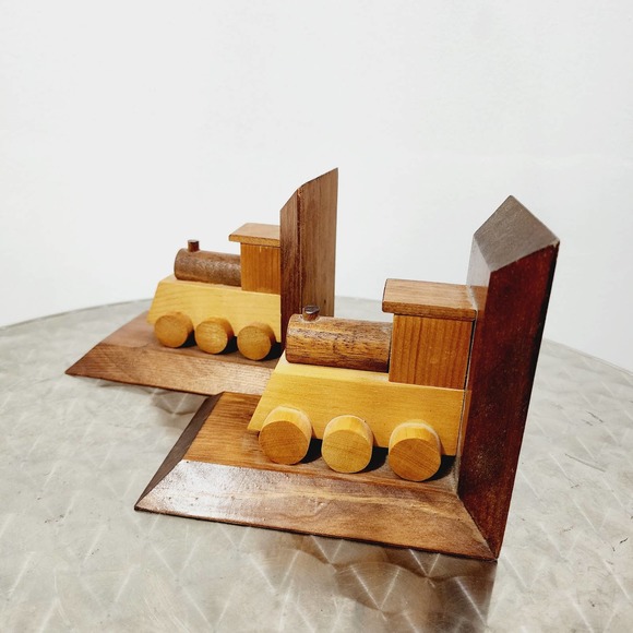 Vintage Wooden Hand Made Train Bookends Library Primitive Classic Americana - Picture 12 of 16